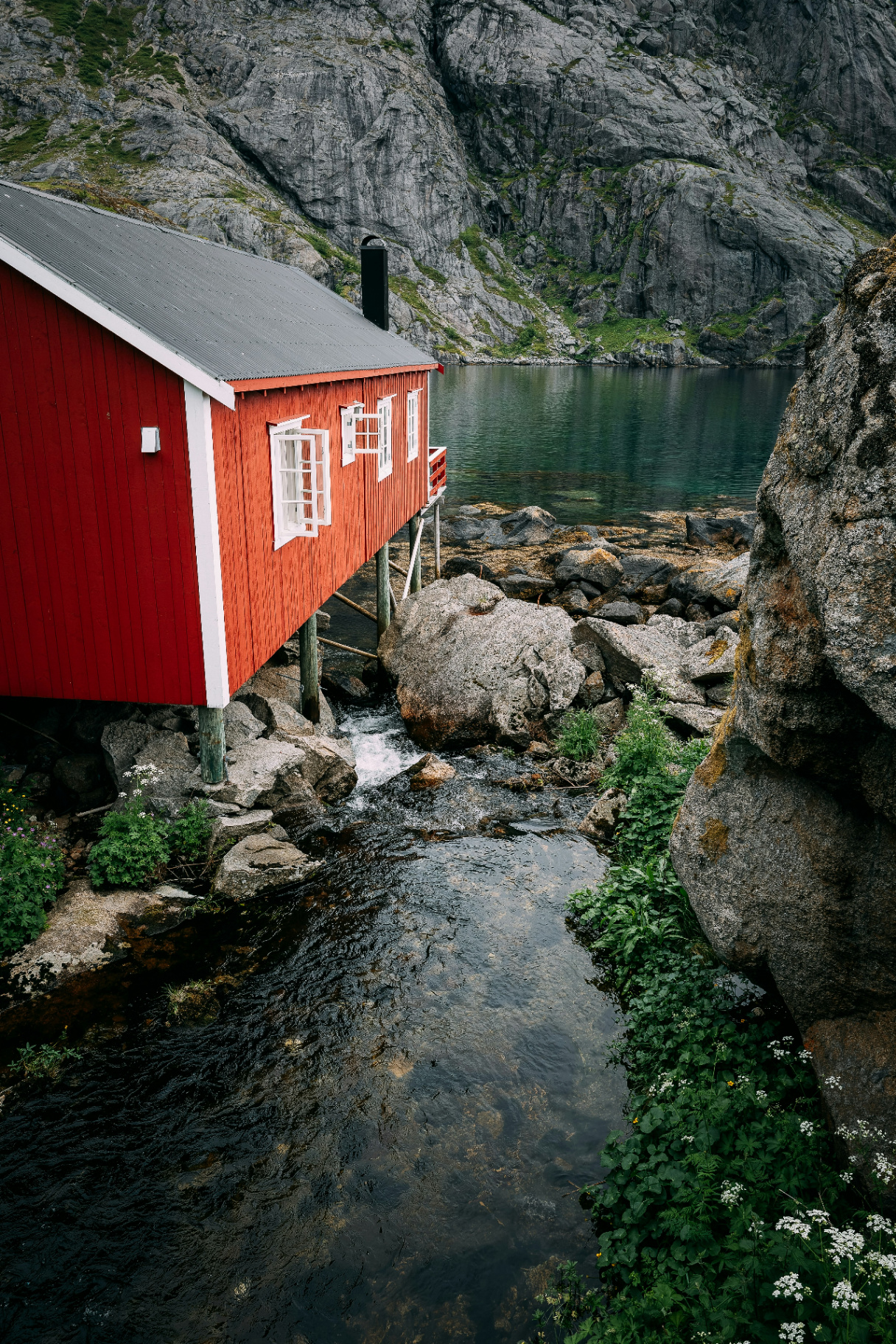 Red cabin by the water on the Norwegian coast